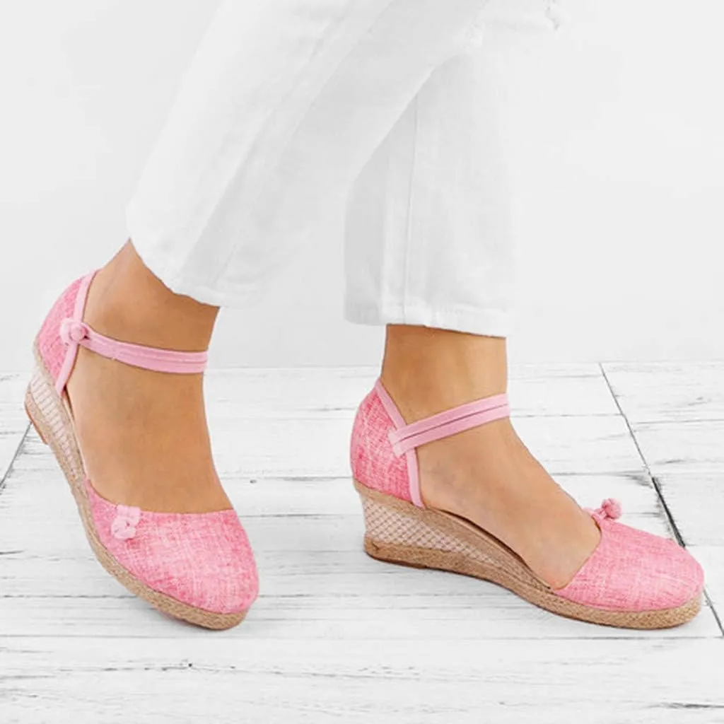Womens Round Closed Toe Linen Wedges Buckle Strap Retro Espadrilles Summer Low Heel Comfortable Walking Sandals