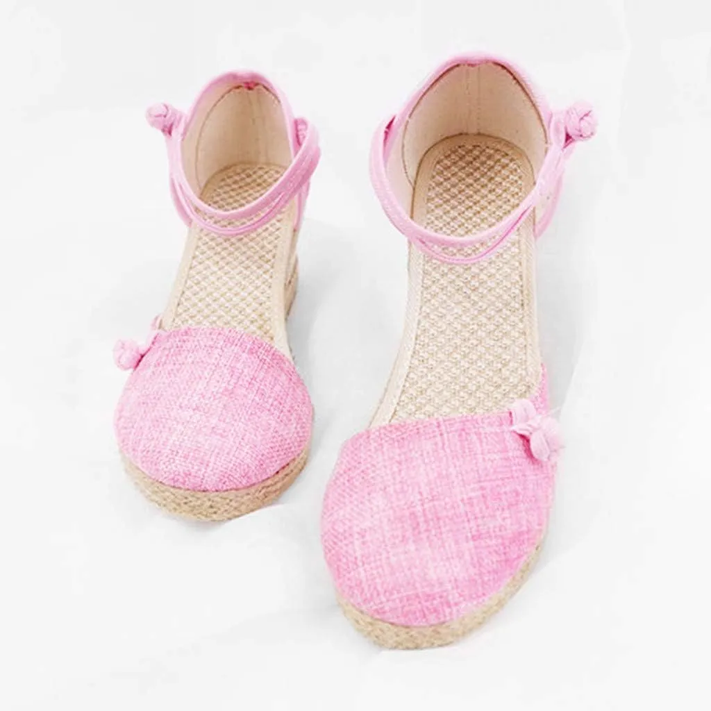 Womens Round Closed Toe Linen Wedges Buckle Strap Retro Espadrilles Summer Low Heel Comfortable Walking Sandals