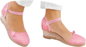 Womens Round Closed Toe Linen Wedges Buckle Strap Retro Espadrilles Summer Low Heel Comfortable Walking Sandals