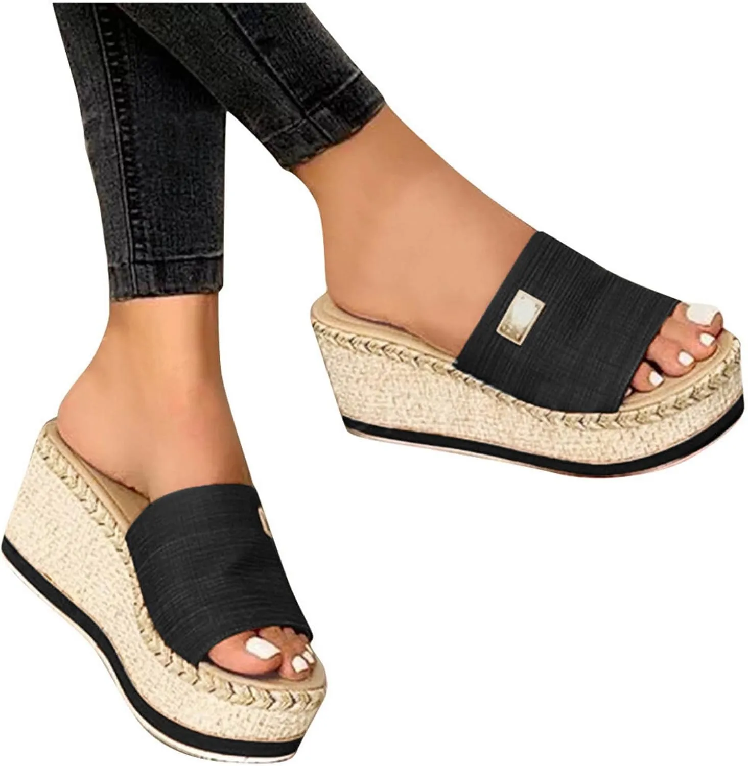 Womens Sandals 2023 Summer Fashion Casual Slip on Wedge Platform Slides Sandal Solid Open Toe Metal Decorate Slippers Comfy Outdoor Anti-Slip Shoes