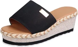 Womens Sandals 2023 Summer Fashion Casual Slip on Wedge Platform Slides Sandal Solid Open Toe Metal Decorate Slippers Comfy Outdoor Anti-Slip Shoes