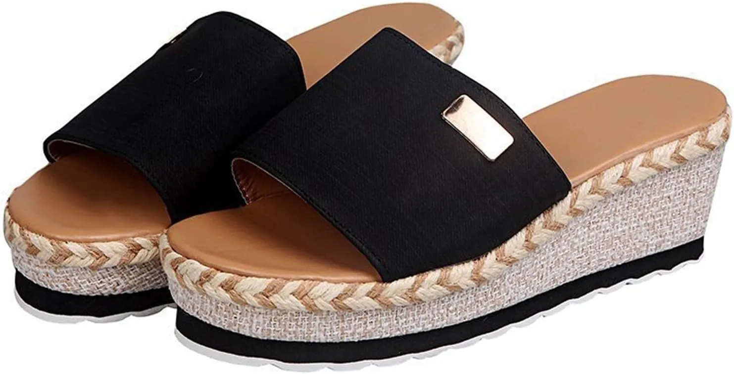 Womens Sandals 2023 Summer Fashion Casual Slip on Wedge Platform Slides Sandal Solid Open Toe Metal Decorate Slippers Comfy Outdoor Anti-Slip Shoes