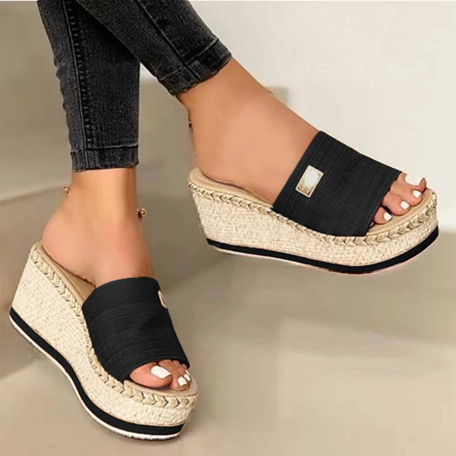 Womens Sandals 2023 Summer Fashion Casual Slip on Wedge Platform Slides Sandal Solid Open Toe Metal Decorate Slippers Comfy Outdoor Anti-Slip Shoes