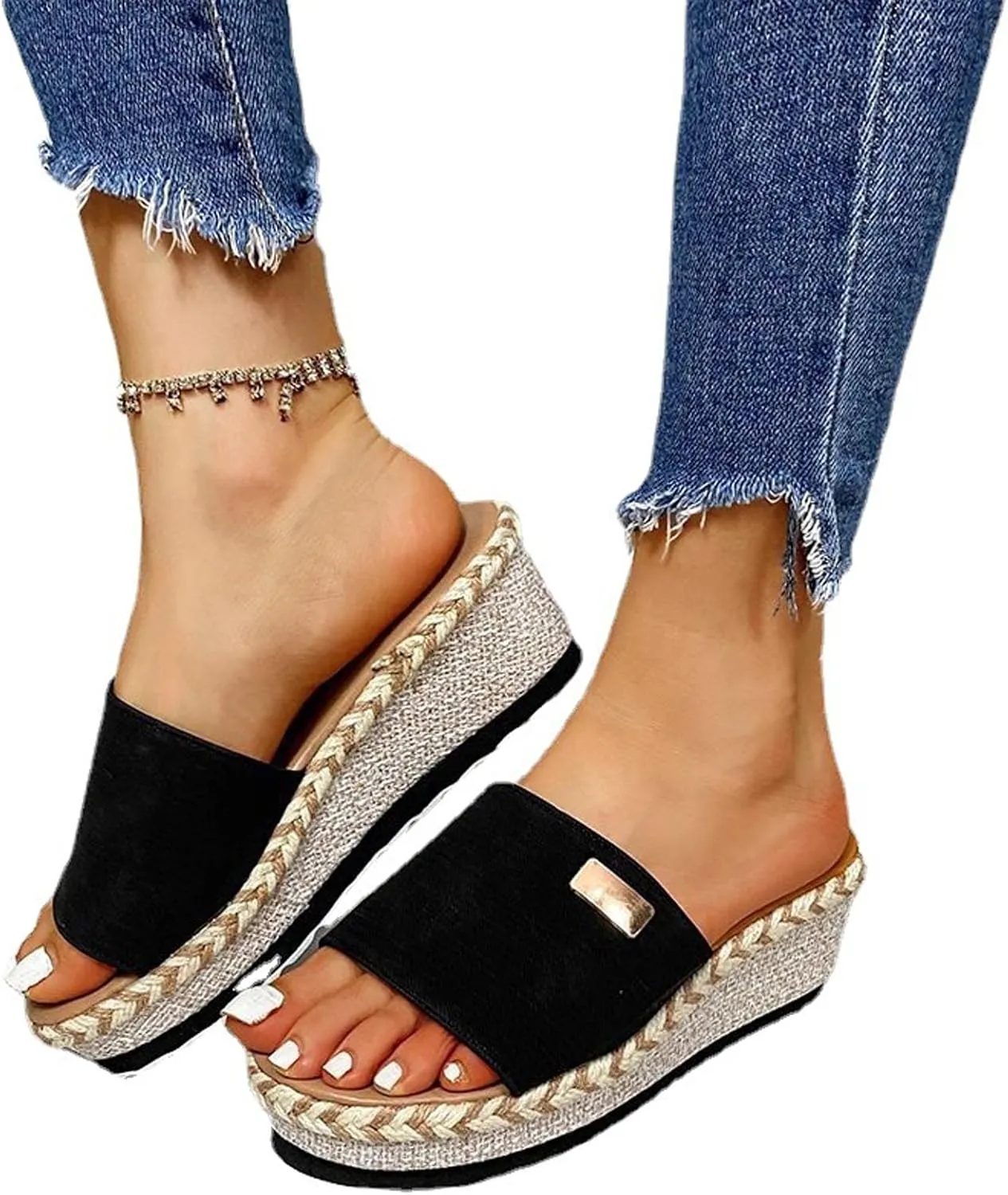 Womens Sandals 2023 Summer Fashion Casual Slip on Wedge Platform Slides Sandal Solid Open Toe Metal Decorate Slippers Comfy Outdoor Anti-Slip Shoes