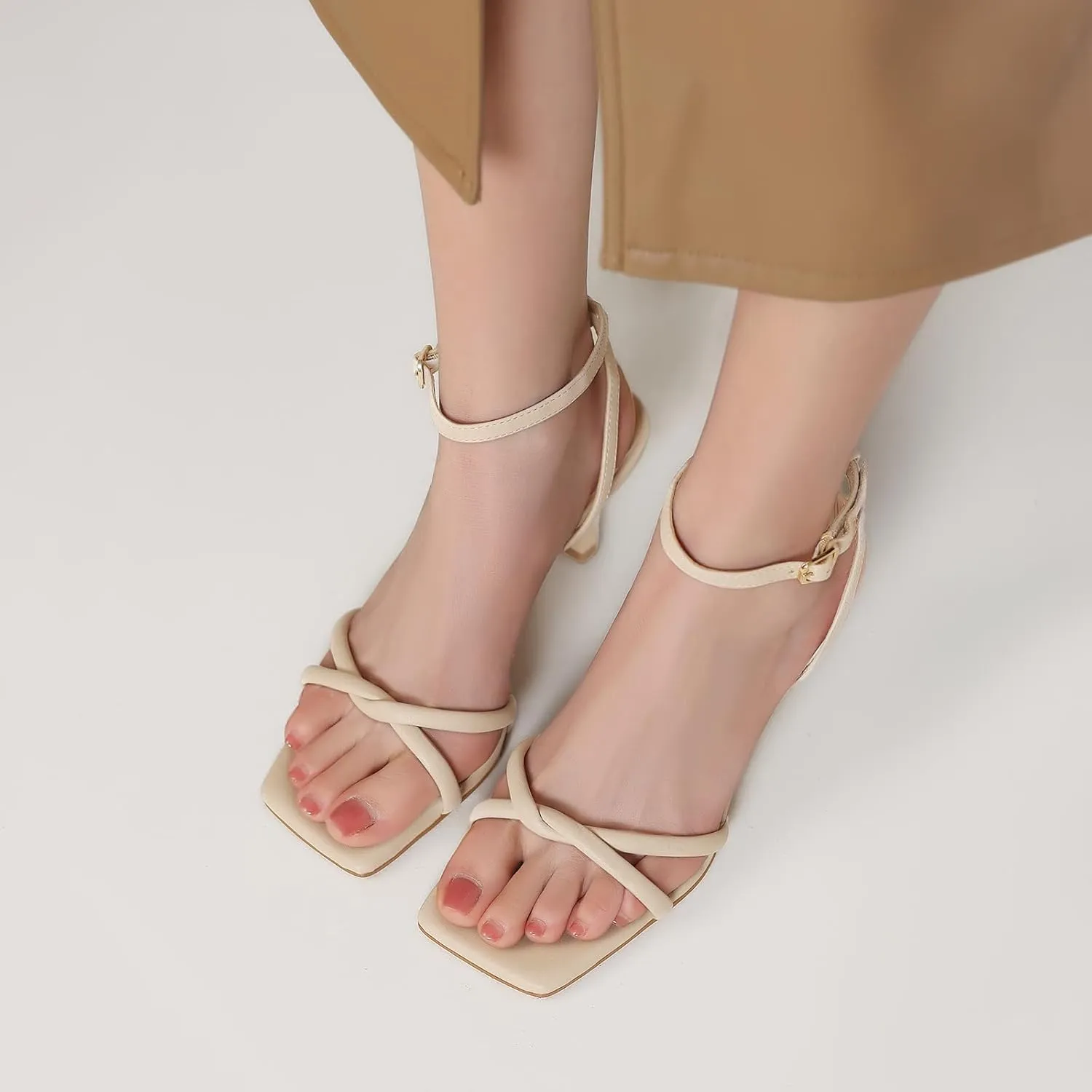 Women's Sandals Square Open Toe Kitten Heels Strappy Ankle Strap Sandals for Women Comfort Dress Party Shoes