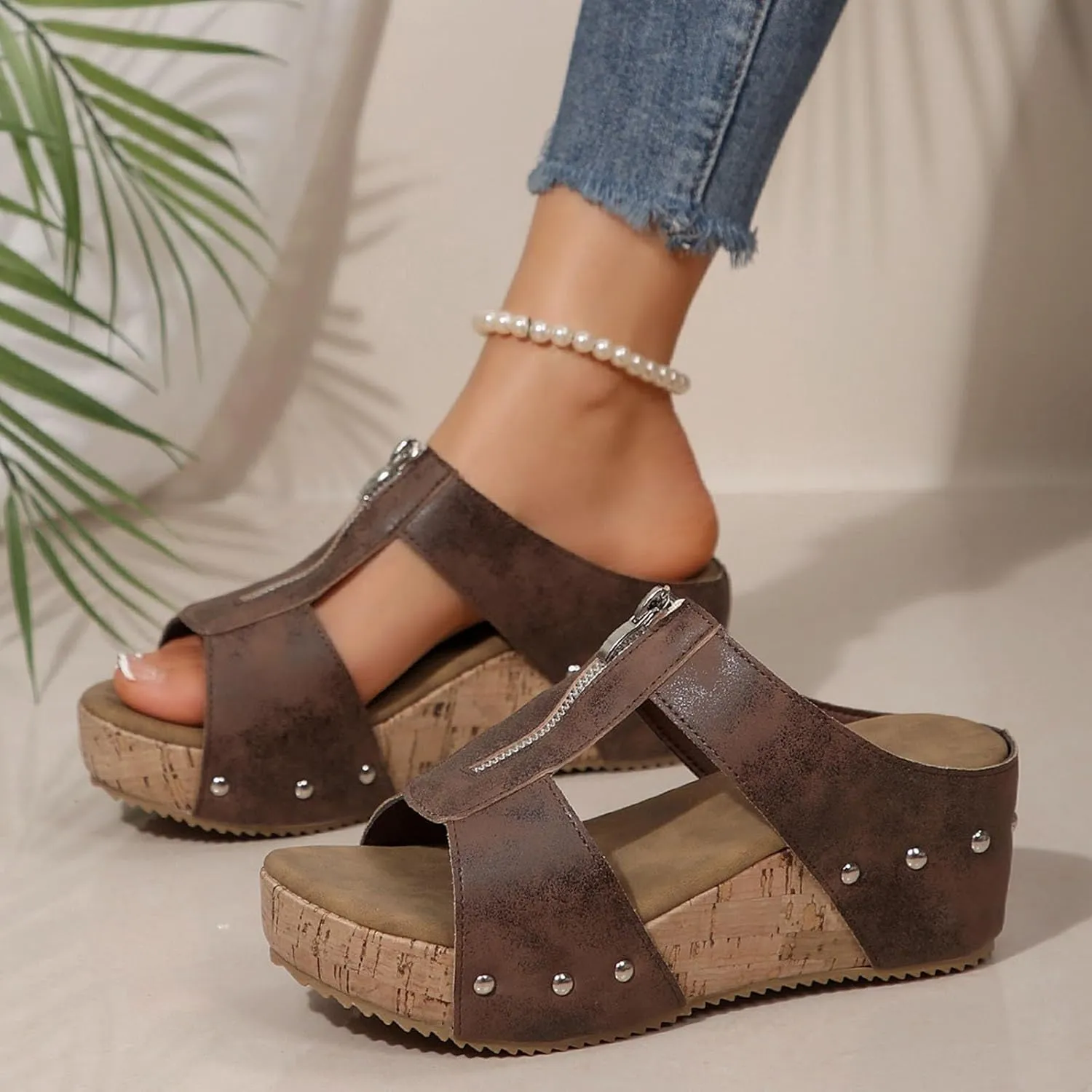Women's Sandals Summer Beach Wedge Sandals Comfortable Platform Sandals Open Toe Buckle Ankle Strap Cork Shoes