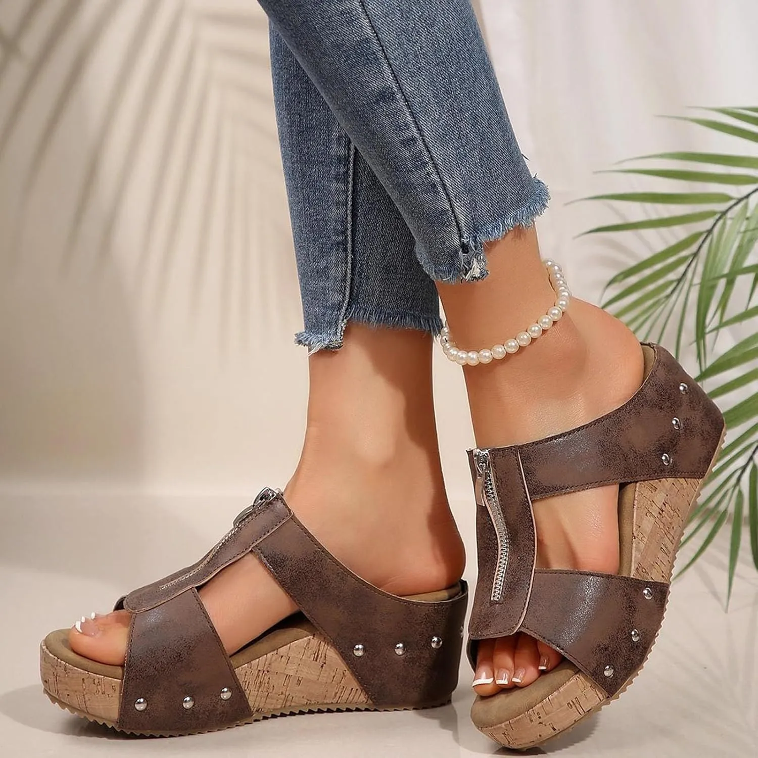 Women's Sandals Summer Beach Wedge Sandals Comfortable Platform Sandals Open Toe Buckle Ankle Strap Cork Shoes