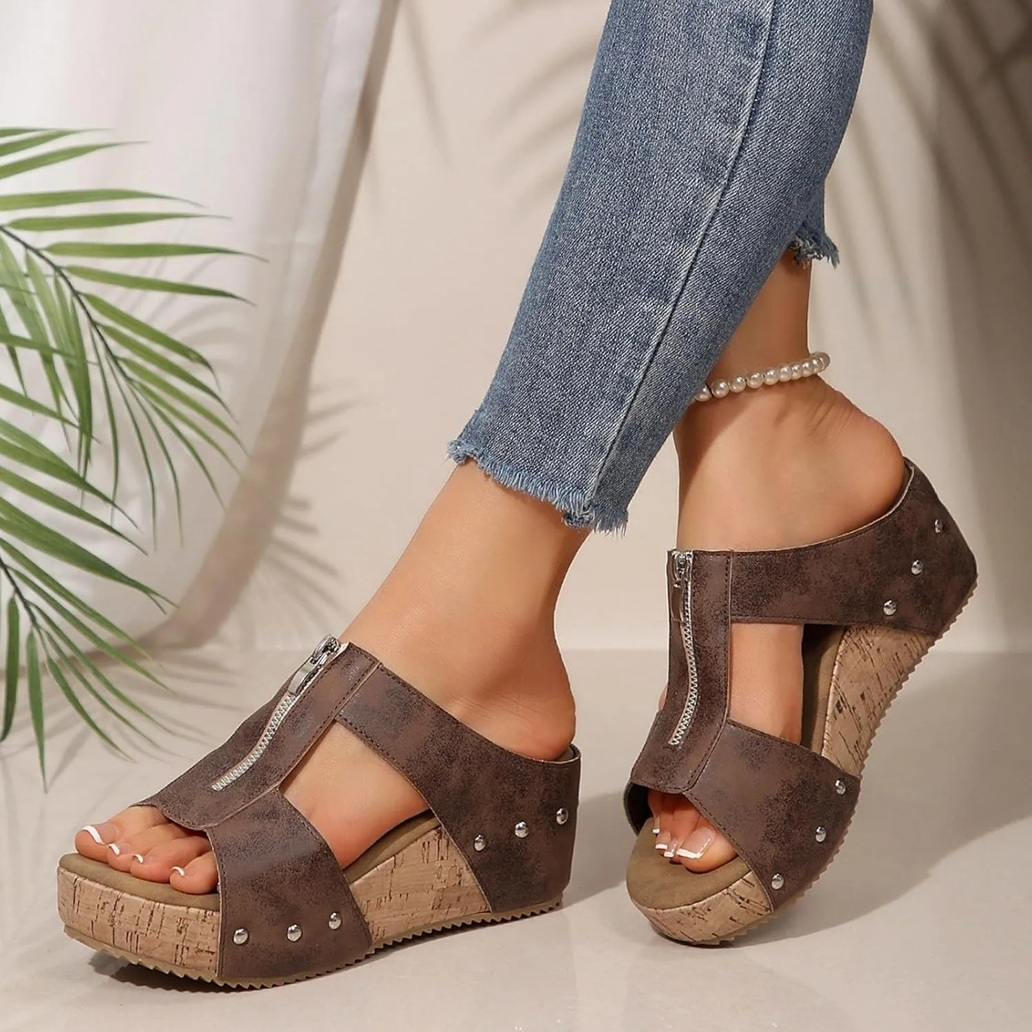 Women's Sandals Summer Beach Wedge Sandals Comfortable Platform Sandals Open Toe Buckle Ankle Strap Cork Shoes