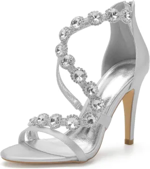 Women's Satin Wedding Stilettos for Bride Beaded Open Toe High Heels Strappy Bridal Shoes for Women