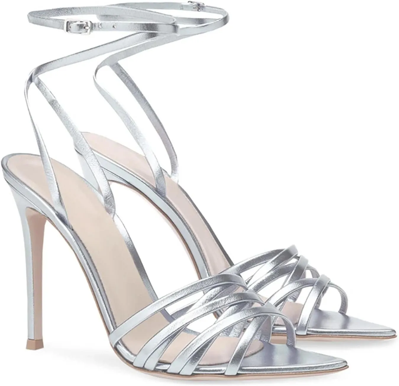 Women's Silver Strappy Sandals, Pointy Toe Stiletto Party Heels