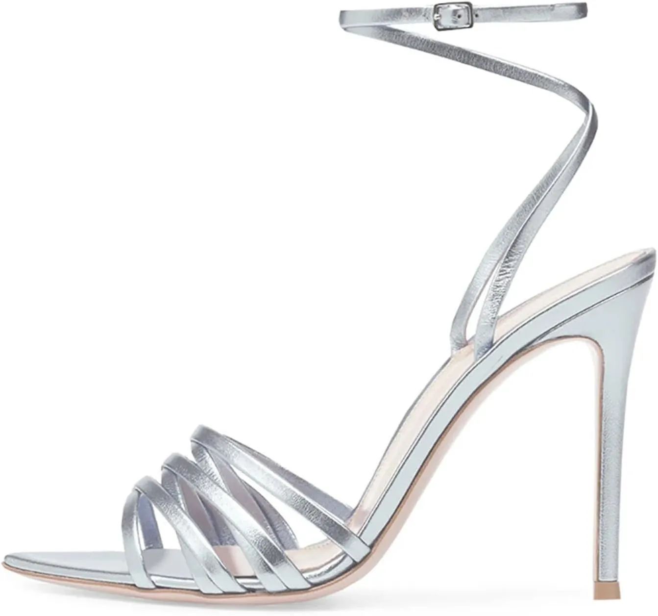 Women's Silver Strappy Sandals, Pointy Toe Stiletto Party Heels