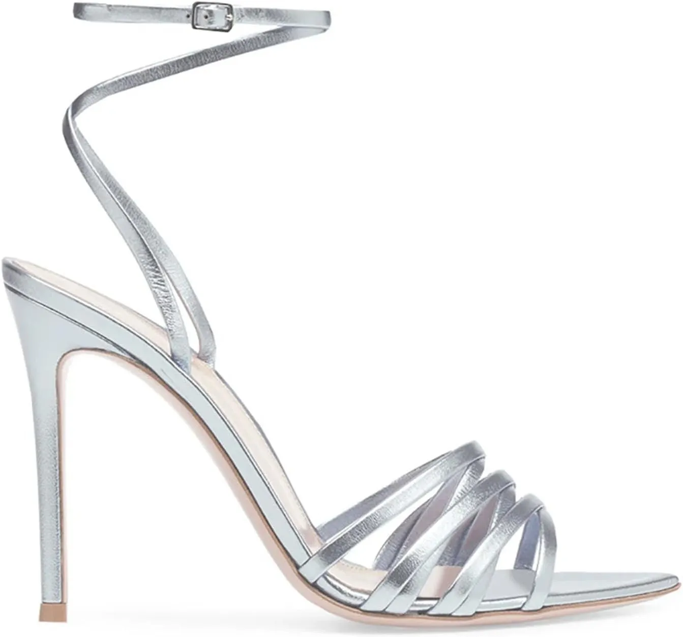 Women's Silver Strappy Sandals, Pointy Toe Stiletto Party Heels