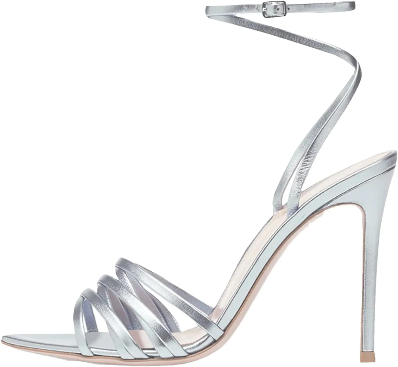 Women's Silver Strappy Sandals, Pointy Toe Stiletto Party Heels