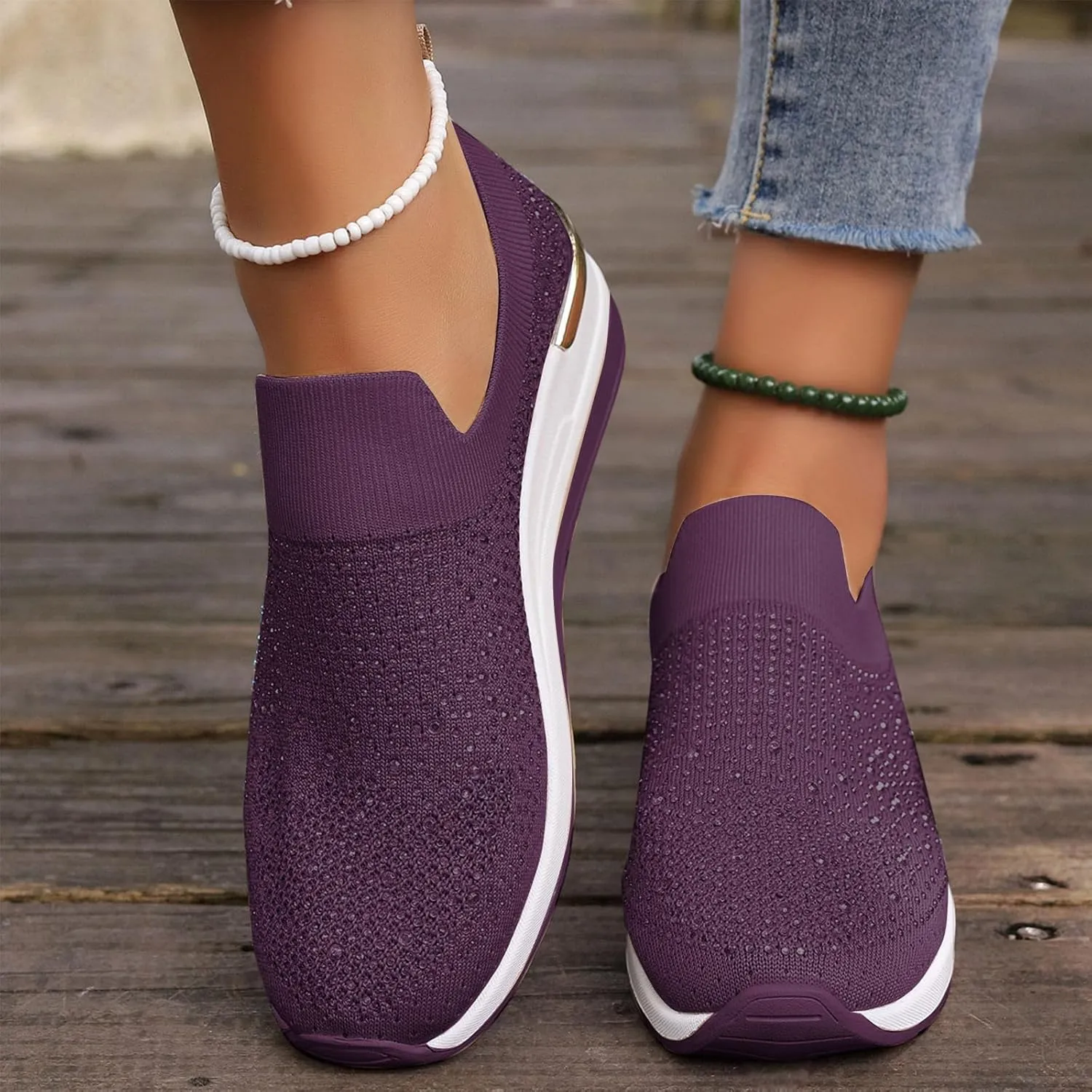 Women's Slip on Loafer Shoes Rhinestone Mesh Casual Flat Nurse Walking Sneaker Knit Comfort Classic Low Wedge Shoes