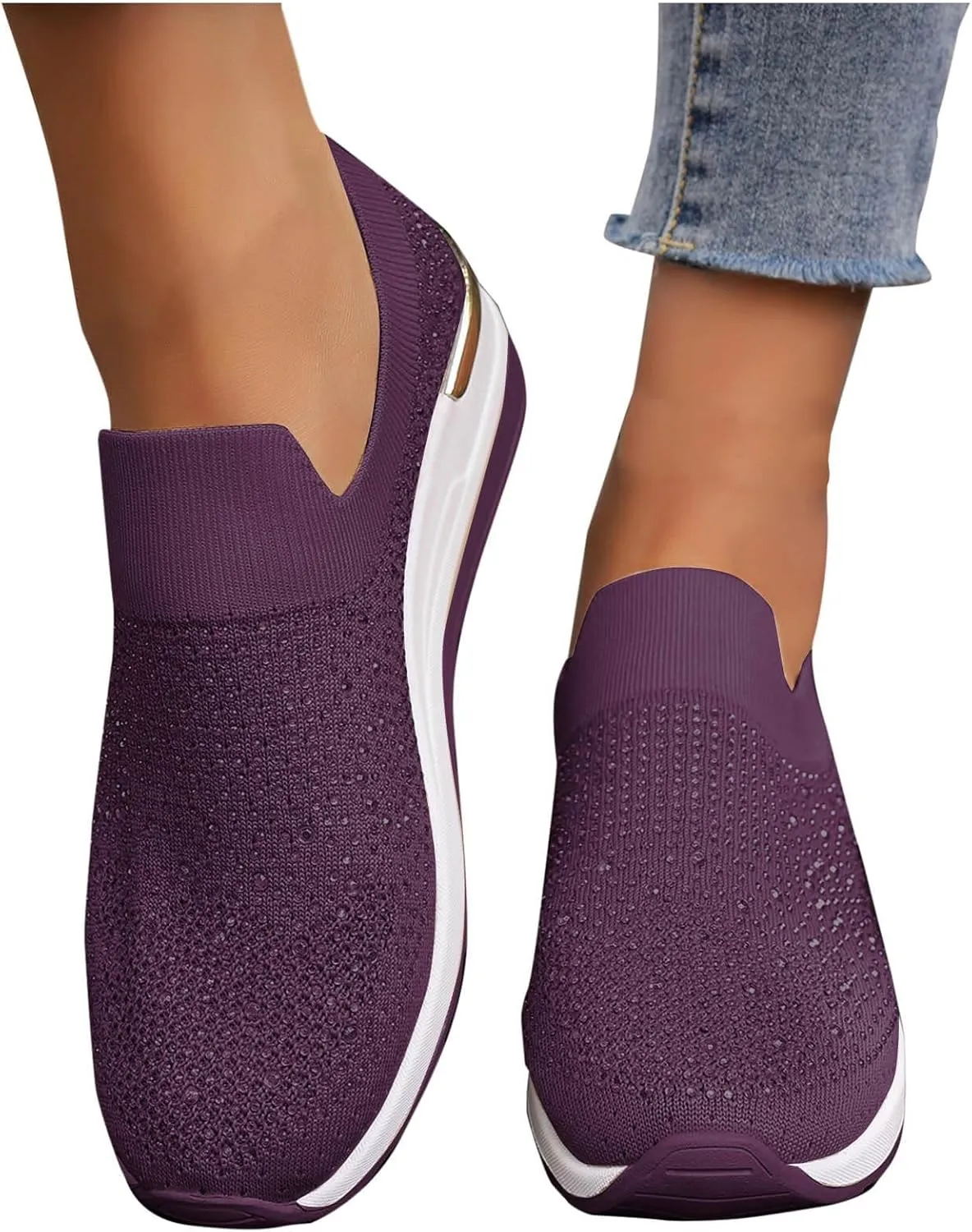 Women's Slip on Loafer Shoes Rhinestone Mesh Casual Flat Nurse Walking Sneaker Knit Comfort Classic Low Wedge Shoes