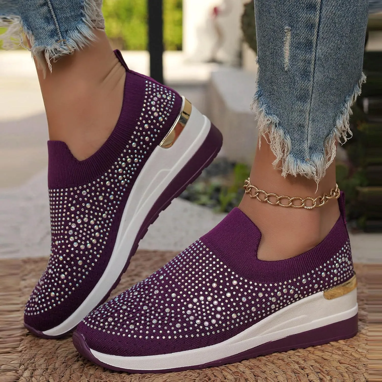 Women's Slip on Loafer Shoes Rhinestone Mesh Casual Flat Nurse Walking Sneaker Knit Comfort Classic Low Wedge Shoes