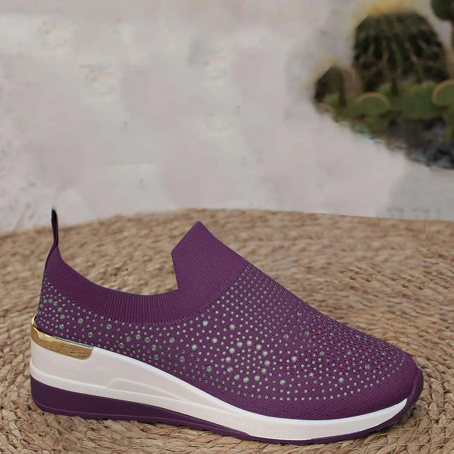 Women's Slip on Loafer Shoes Rhinestone Mesh Casual Flat Nurse Walking Sneaker Knit Comfort Classic Low Wedge Shoes