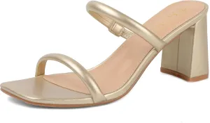 Women's Square Open Toe Heeled Sandals Two Strap Mules Slip On Block Chunky Mid Heels Sandals