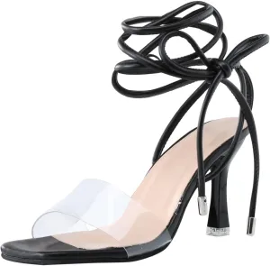 Women's Square Toe Clear Heels Ankle Strap Stiletto High Heel Sandals Sexy Bow Strappy Heels Open Toe Pumps