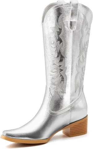 Women's Square Toe Cowboy Cowgirl Boots Embroidered Mid Calf Chunky Heel Western Boots