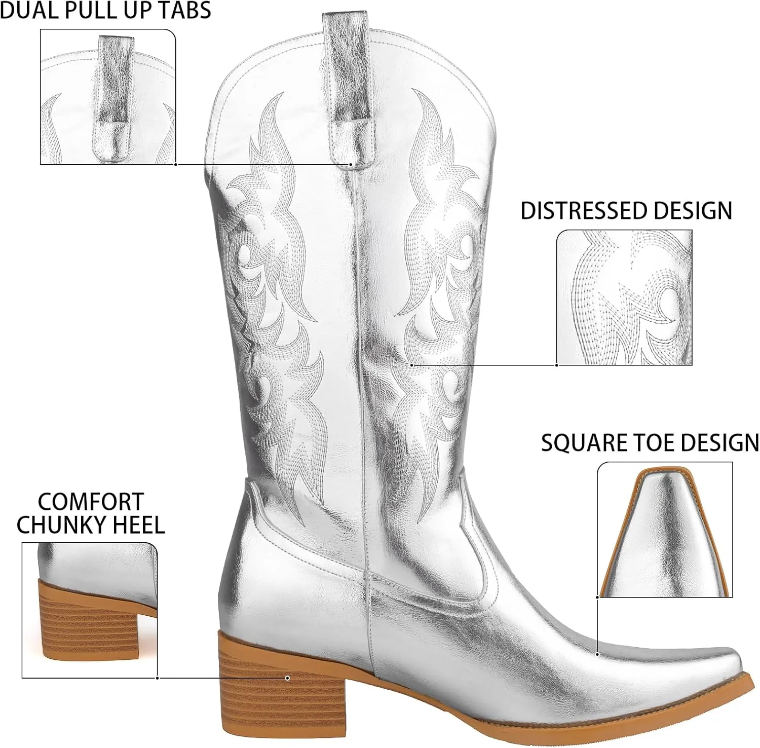 Women's Square Toe Cowboy Cowgirl Boots Embroidered Mid Calf Chunky Heel Western Boots