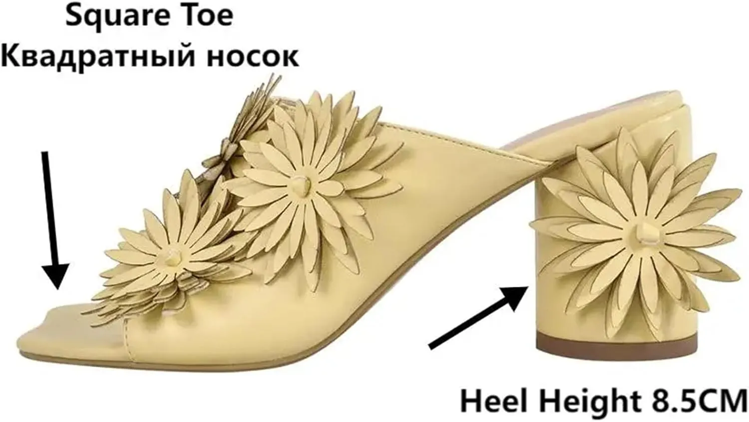Women's Square Toe Flower Mules - Chunky Heels Slip On Summer