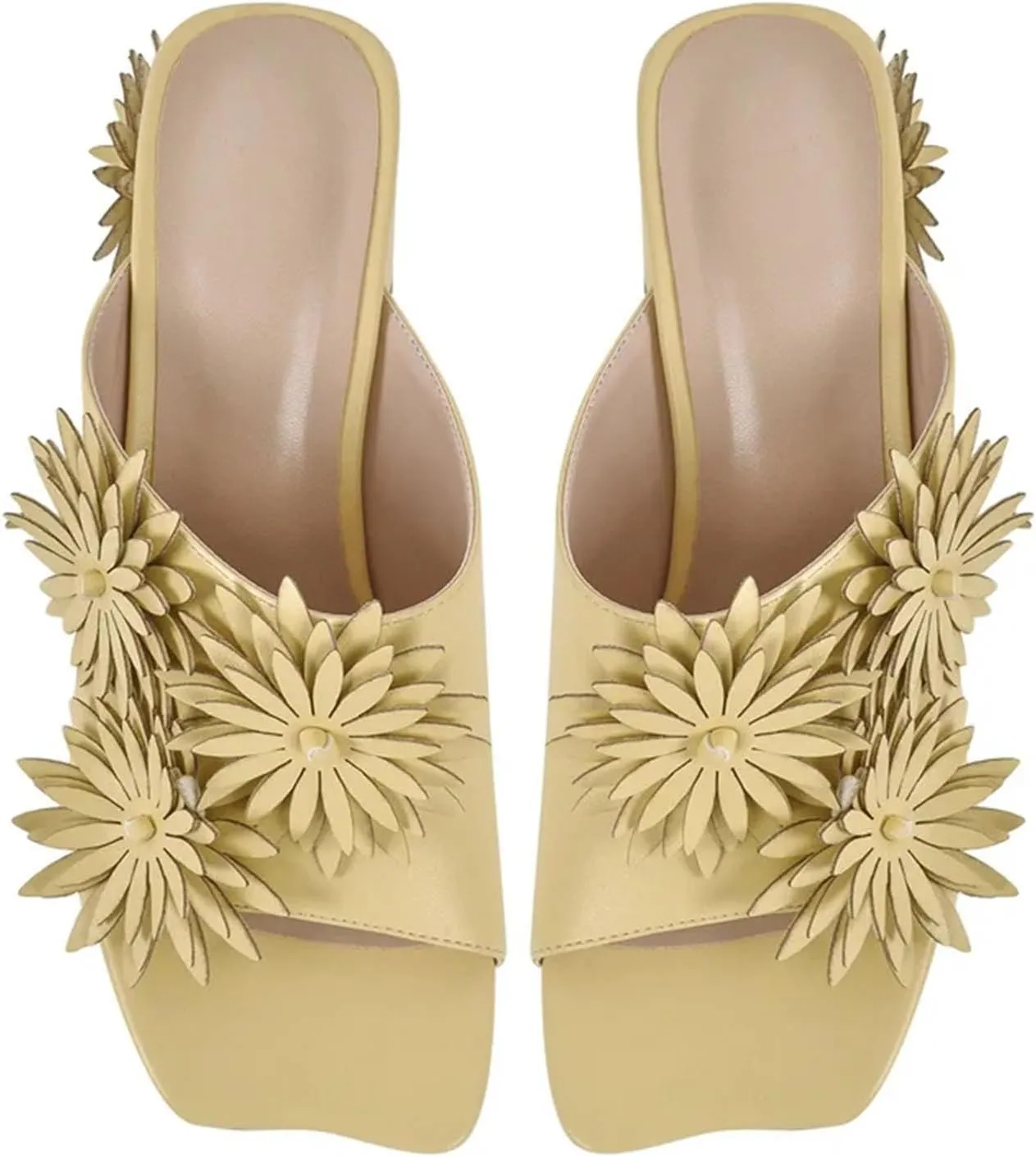 Women's Square Toe Flower Mules - Chunky Heels Slip On Summer