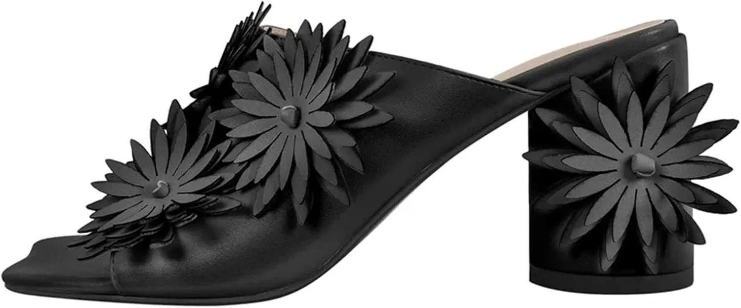 Women's Square Toe Flower Mules - Chunky Heels Slip On Summer