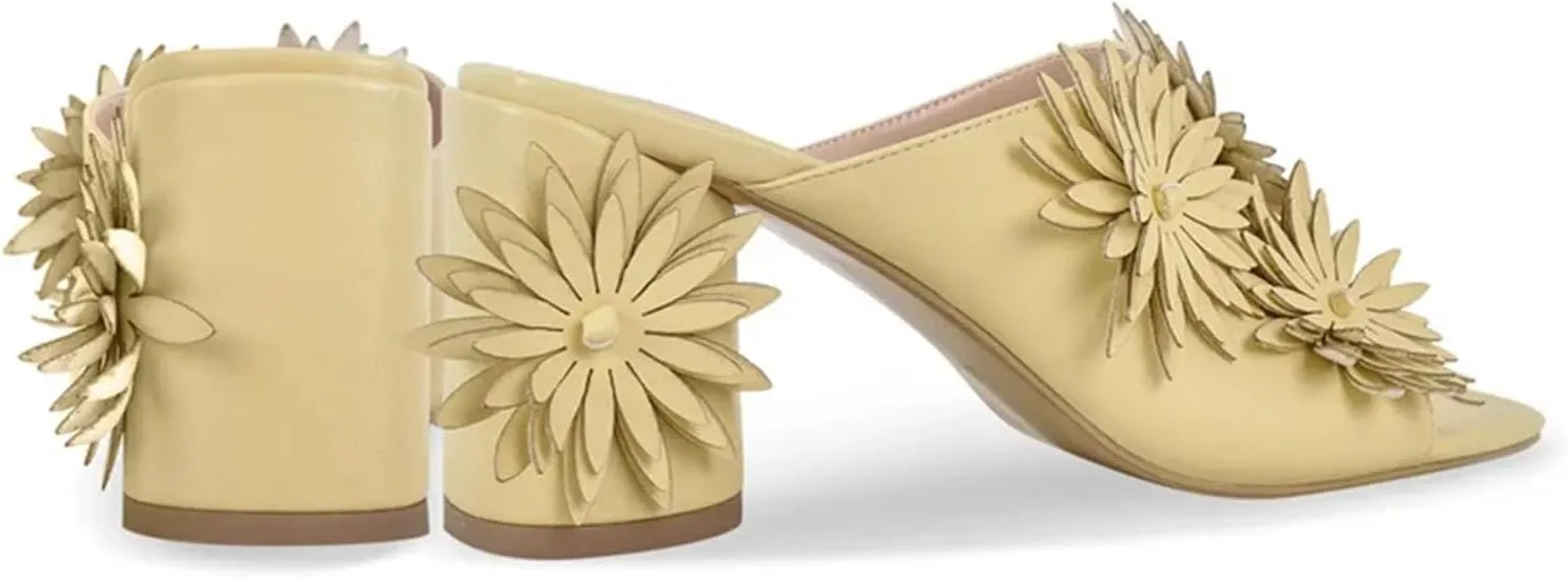 Women's Square Toe Flower Mules - Chunky Heels Slip On Summer