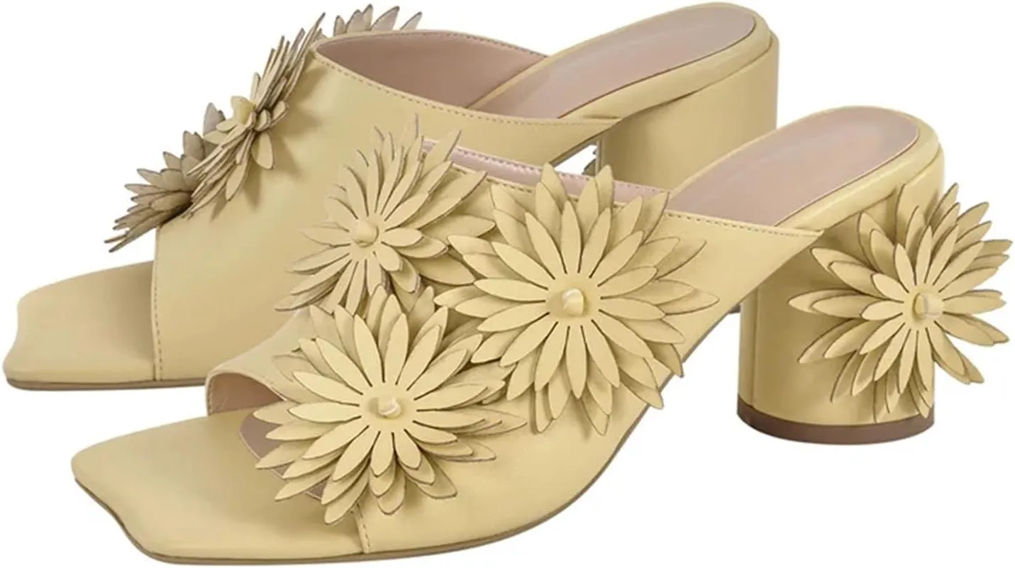 Women's Square Toe Flower Mules - Chunky Heels Slip On Summer