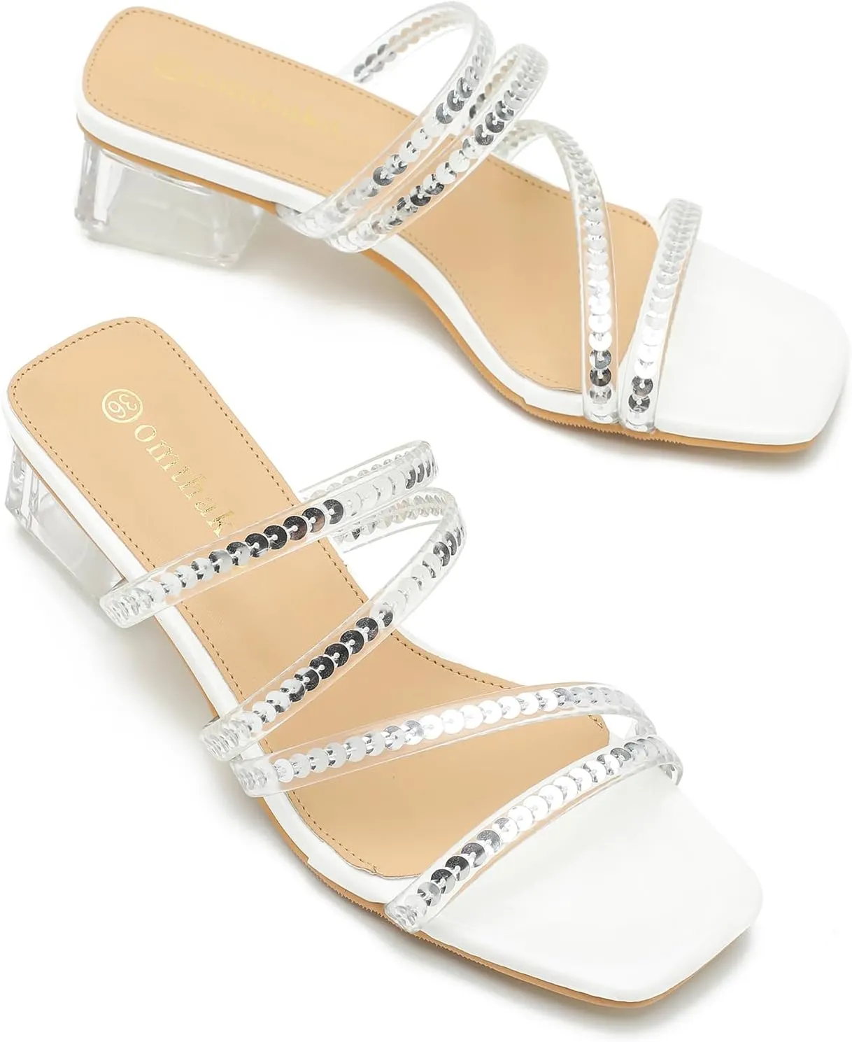 Women's Square Toe Heeled Sandals Strappy Heels Low Chunky Block Clear Heel Mules Slip on Wedding Bridal Party Dress Shoes