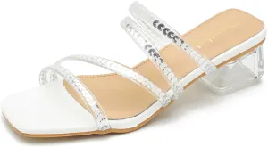 Women's Square Toe Heeled Sandals Strappy Heels Low Chunky Block Clear Heel Mules Slip on Wedding Bridal Party Dress Shoes