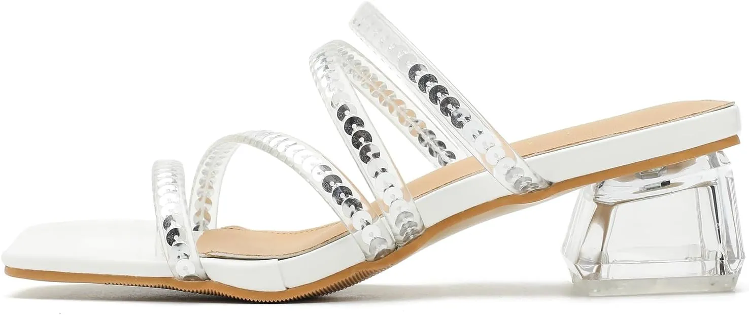 Women's Square Toe Heeled Sandals Strappy Heels Low Chunky Block Clear Heel Mules Slip on Wedding Bridal Party Dress Shoes