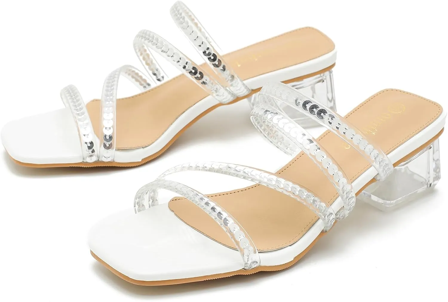 Women's Square Toe Heeled Sandals Strappy Heels Low Chunky Block Clear Heel Mules Slip on Wedding Bridal Party Dress Shoes