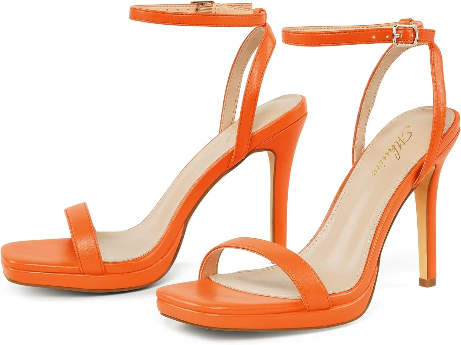 Women’s Stiletto Strappy Heeled Sandals, 4.3 Inch Square Open Toe Sexy High Heels Ankle Strap Buckle Heels for Party Wedding Dress Daily Wear Shoes