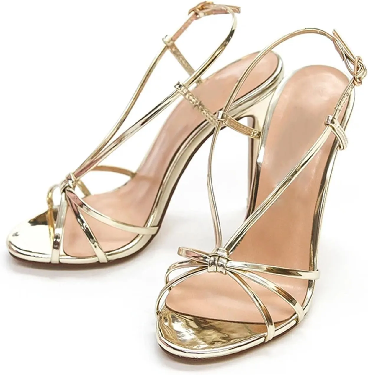 Women's Strappy Gold Sandals, Open Toe Stiletto Summer Party Heels