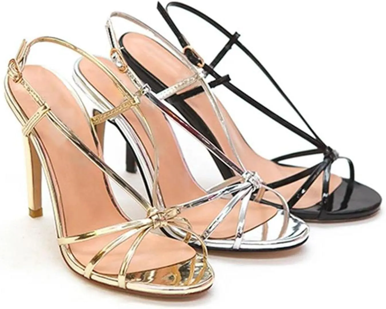 Women's Strappy Gold Sandals, Open Toe Stiletto Summer Party Heels