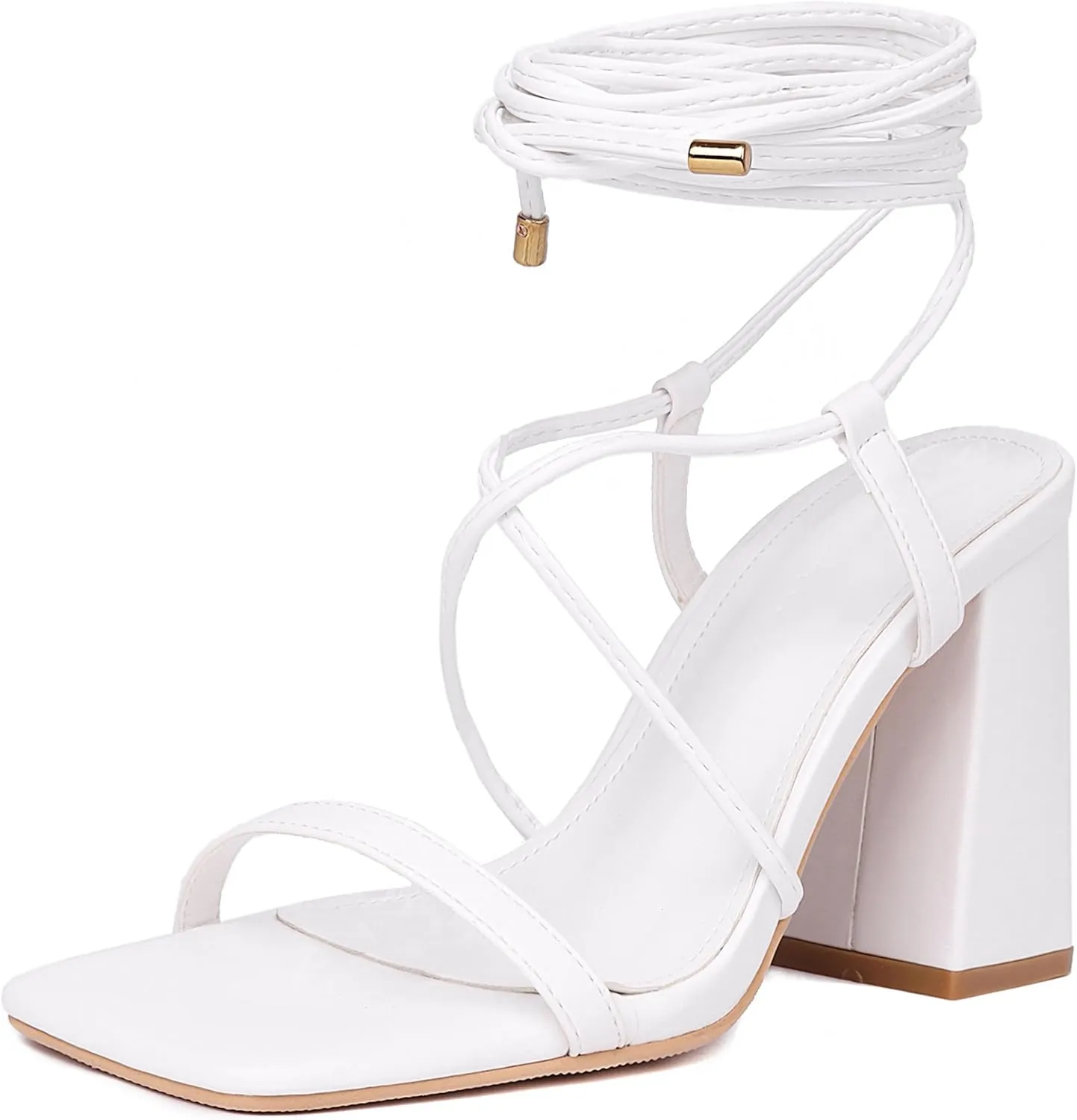 Womens Strappy Heels Lace Up Chunky Heel Sandals, Block Heel Wrap Sandals for Women Cute Sexy Dressy with Square Open Toe High Heels