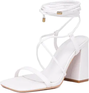 Womens Strappy Heels Lace Up Chunky Heel Sandals, Block Heel Wrap Sandals for Women Cute Sexy Dressy with Square Open Toe High Heels