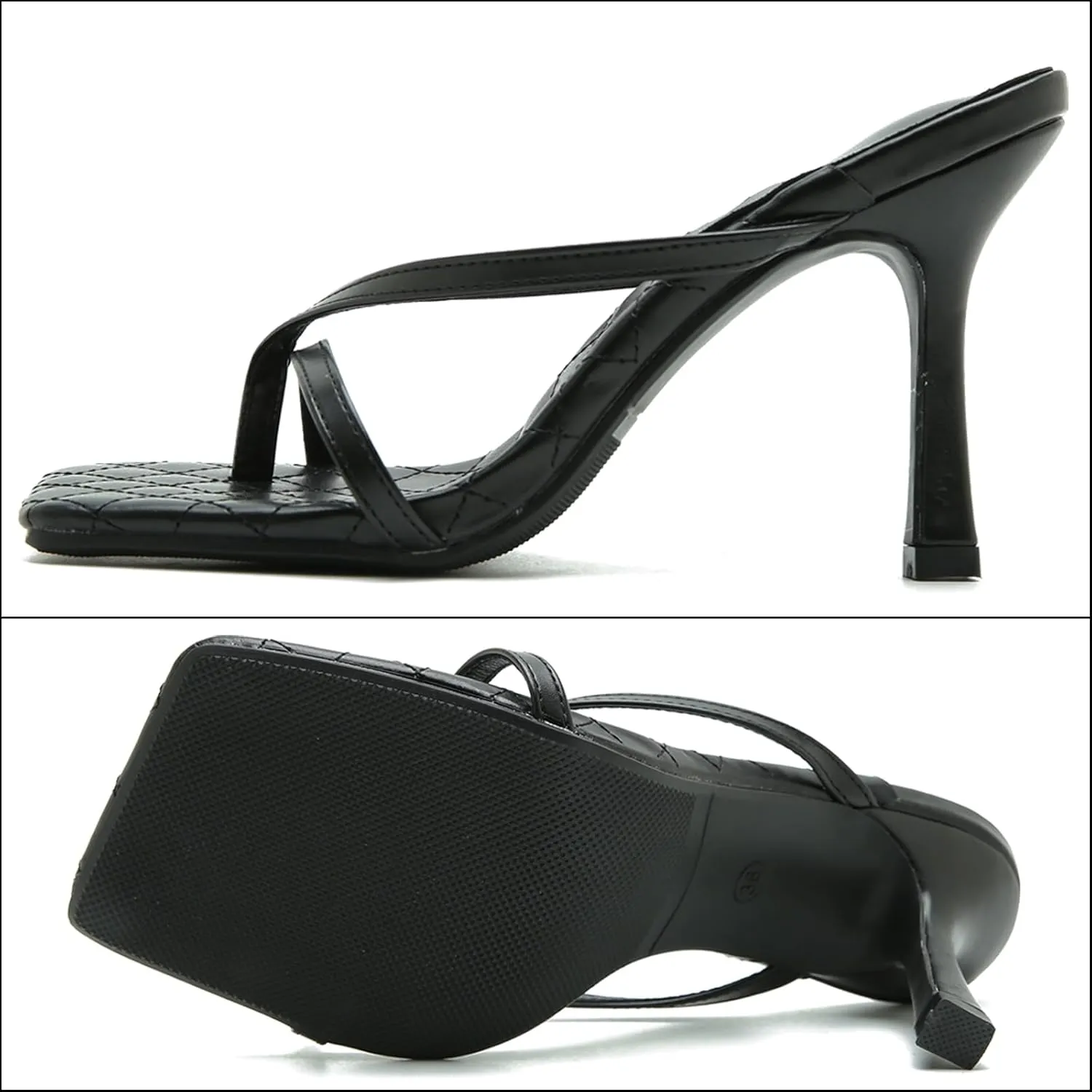 Women's Strappy Thong Heeled Sandals Slip On Stiletto Heels Flip Flops Square Open Toe T Strap High Heel Sandals Slide Summer Dressy Sandals