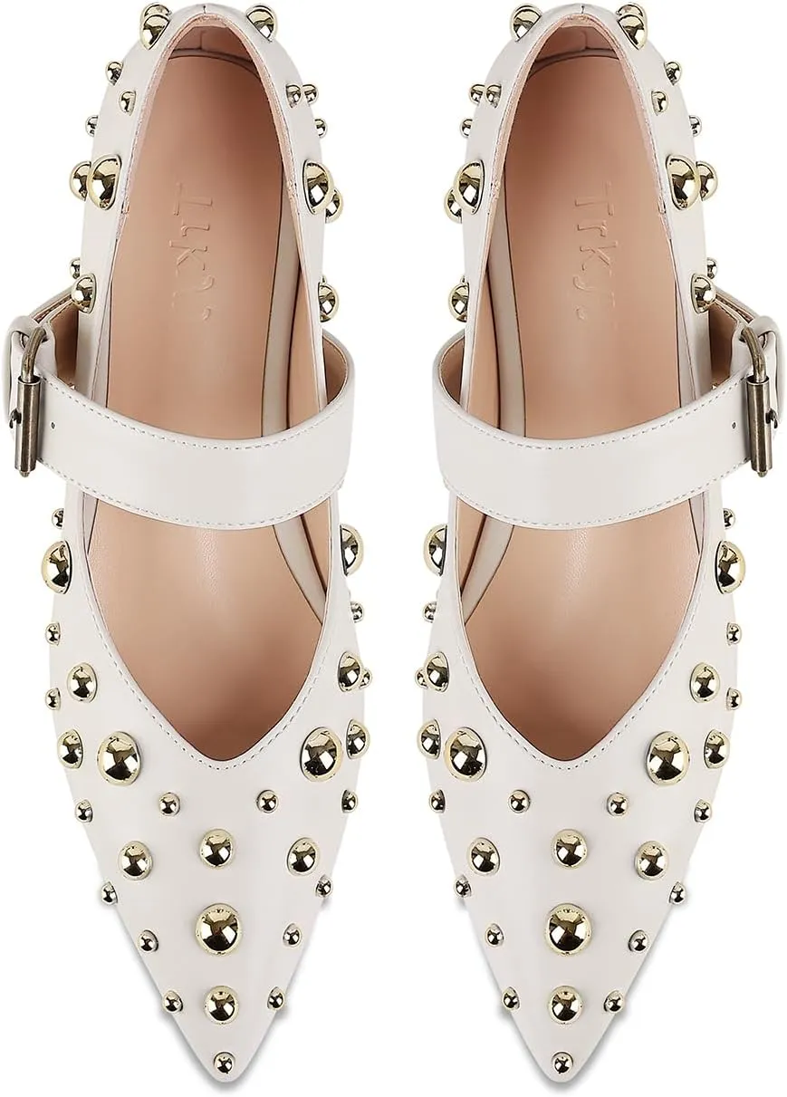 Women's Studded Flats Pointed Toe Mary Jane Flat Shoes