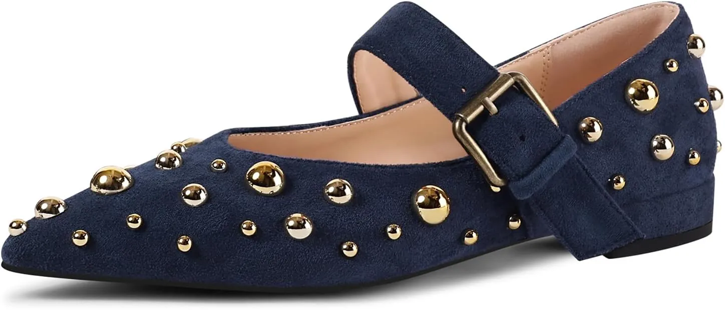 Women's Studded Flats Pointed Toe Mary Jane Flat Shoes
