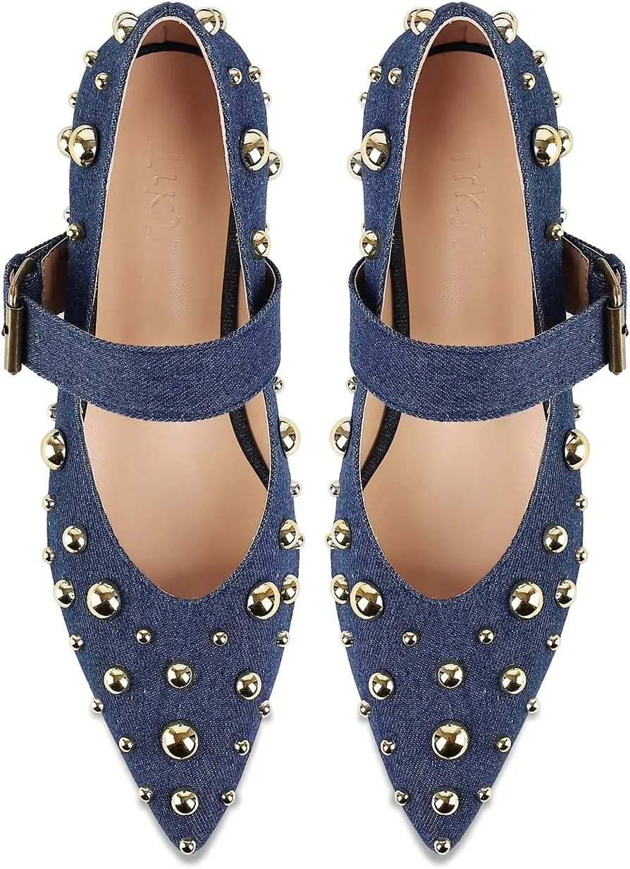 Women's Studded Flats Pointed Toe Mary Jane Flat Shoes