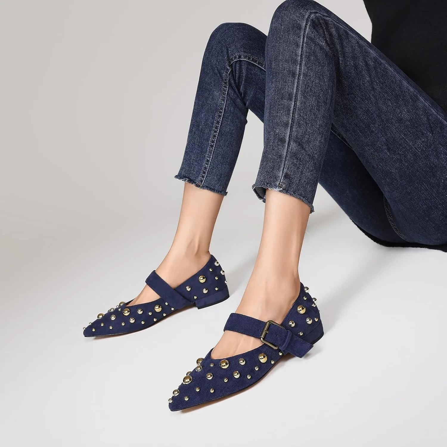 Women's Studded Flats Pointed Toe Mary Jane Flat Shoes