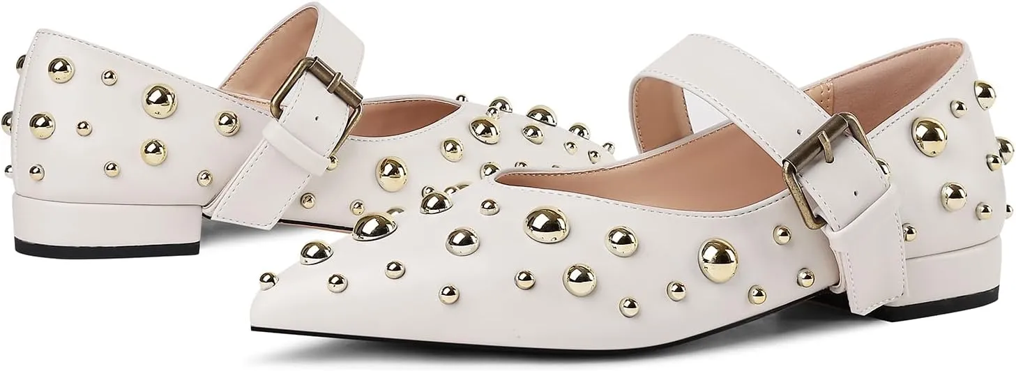 Women's Studded Flats Pointed Toe Mary Jane Flat Shoes