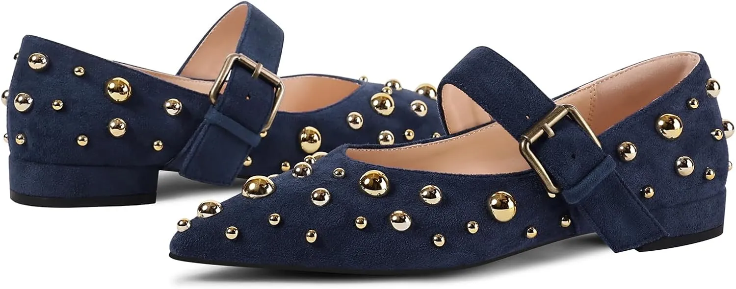Women's Studded Flats Pointed Toe Mary Jane Flat Shoes