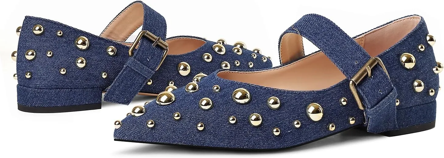 Women's Studded Flats Pointed Toe Mary Jane Flat Shoes