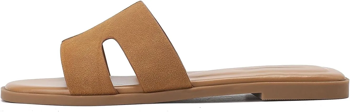 Women's Suede Flat Sandals Open Toe Slip on Sandals Comfort Slide Sandals for Women with Memory Foam