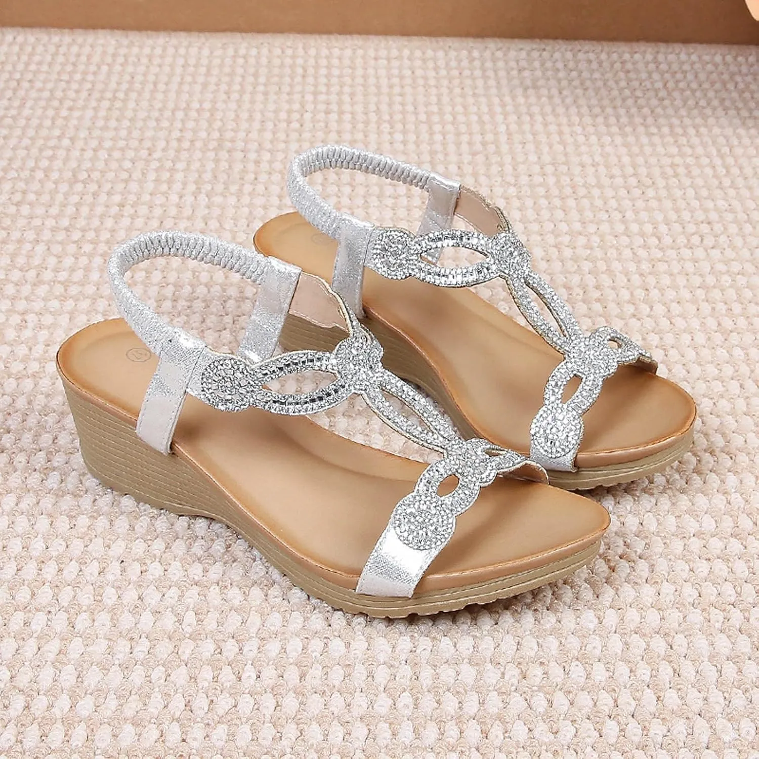 women's summer soft sole outdoor elegant with rhinestone beads, beach shoes, leisure wedge heel sandals