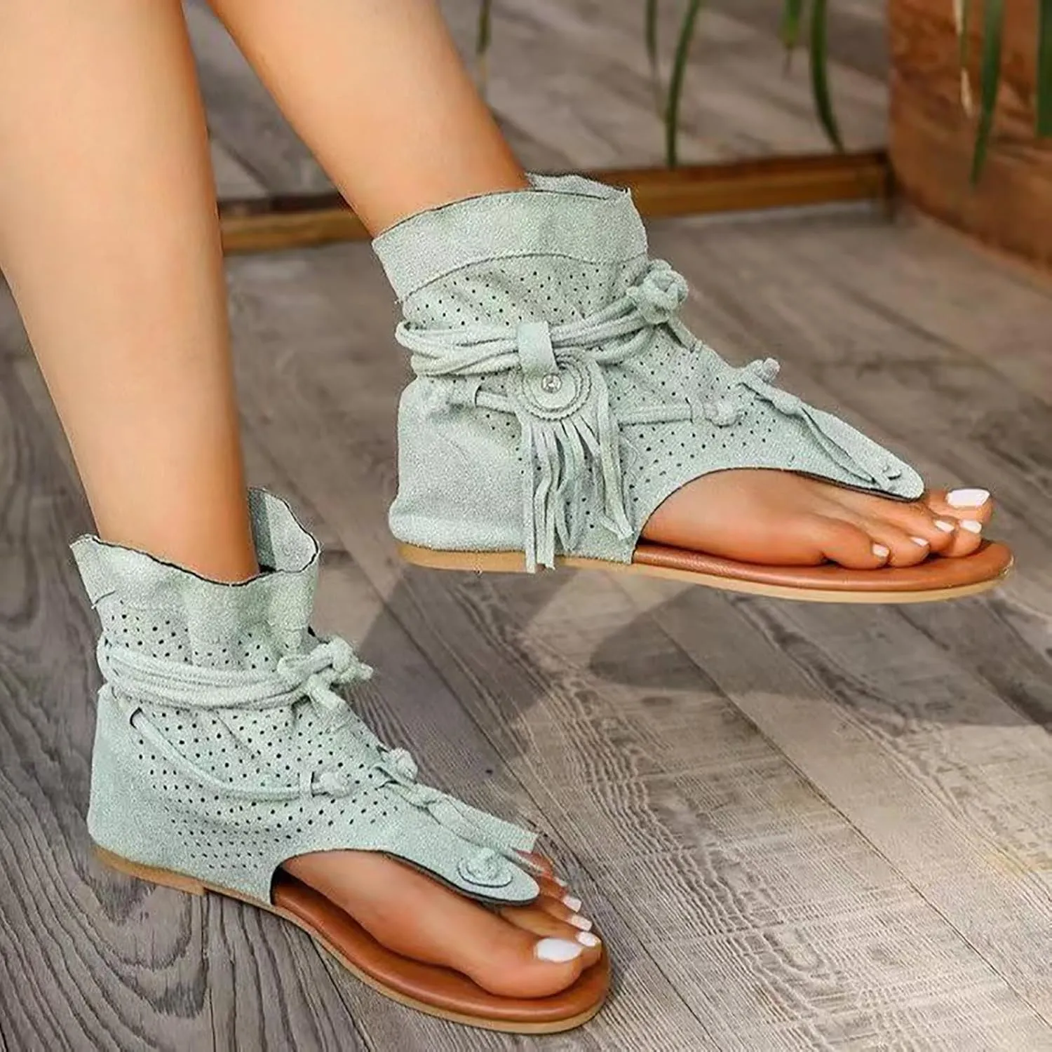 Women's Tassel Gladiator Flip Flops Sandals,Summer Retro Bohemian T-Strap Roman Open-Toe Sandals Casual Beach Flat Clip Toe Ankle Boots